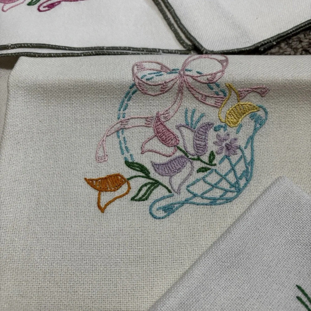 Set Of Six, Vintage Embroidered Napkins 3, Placemats 3 Floral Baskets